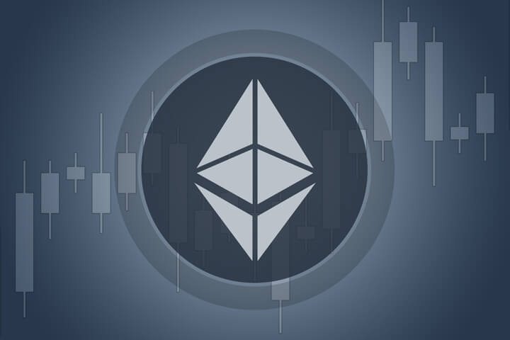 Ethereum cryptocurrency token overlaid on stock price candlestick chart