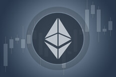 Ethereum cryptocurrency image Ethereum cryptocurrency token overlaid on stock price candlestick chart