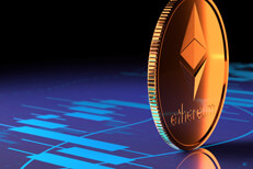 Ethereum coin on edge Ethereum coin on edge on blue candlestick chart with gold lighting