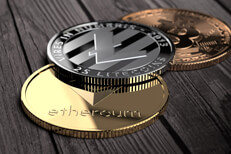 Cryptocurrency on wood planks Ethereum, Litecoin, and Bitcoin on weathered wood planks
