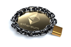 Ethereum coin locked with chain and padlock Ethereum coin wrapped in chain and locked with brass padlock