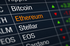 Ethereum cryptocurrency price decrease Stock ticker chart showing cryptocurrency prices with Ethereum price decline highlighted
