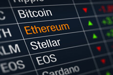 Ethereum cryptocurrency price increase Stock ticker chart showing cryptocurrency prices with Ethereum price increase highlighted