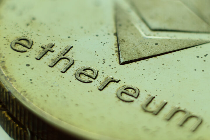Macro photo of Ethereum cryptocurrency coin showing signs of tarnish