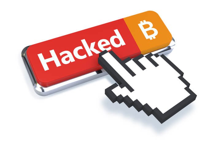 3D hacked Bitcoin button with 3D mouse pointer isolated on white background
