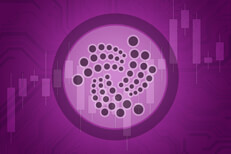 Iota cryptocurrency image Iota cryptocurrency token overlaid on stock price candlestick chart and subtle circuit background