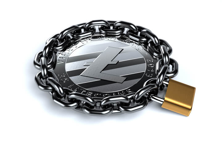 Litecoin wrapped in chain and locked with brass padlock