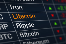 Litecoin cryptocurrency price decrease Stock ticker chart showing cryptocurrency prices with Litecoin price decrease highlighted