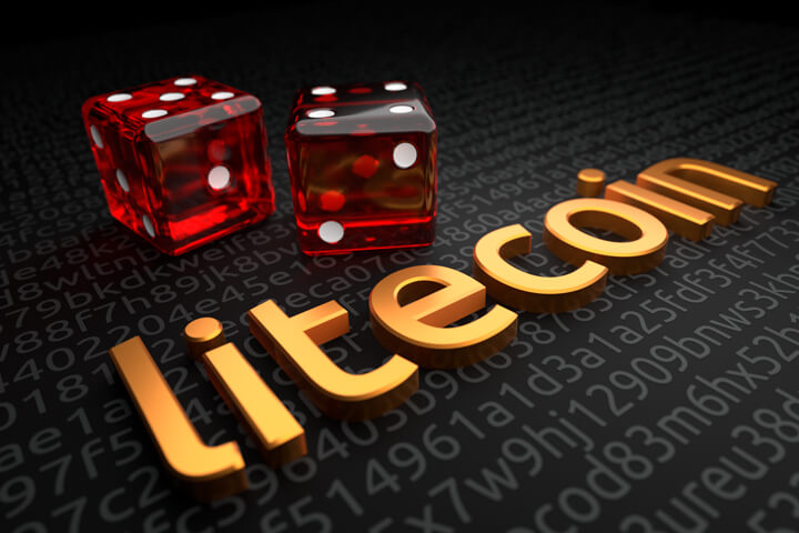 Metallic extruded litecoin text on encrypted code background with two dice representing litecoin investment risk