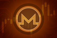 Monero cryptocurrency image Monero cryptocurrency token overlaid on stock price candlestick chart and subtle circuit background