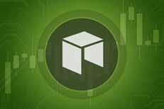 Neo cryptocurrency image Neo cryptocurrency token overlaid on stock price candlestick chart and subtle circuit background