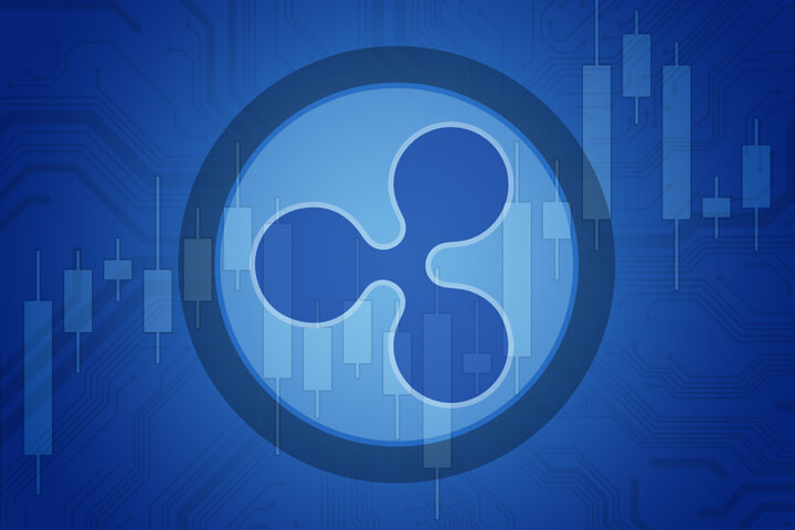 Ripple XRP cryptocurrency token overlaid on stock price candlestick chart and subtle circuit background