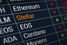 Stellar cryptocurrency price decrease Stock ticker chart showing cryptocurrency prices with Stellar price decline highlighted