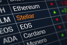 Stellar cryptocurrency price increase Stock ticker chart showing cryptocurrency prices with Stellar price increase highlighted