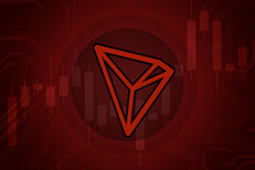 Tron cryptocurrency image Tron cryptocurrency token overlaid on stock price candlestick chart and subtle circuit background