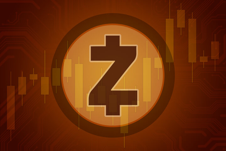 Zcash cryptocurrency token overlaid on stock price candlestick chart and subtle circuit background