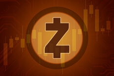 Zcash cryptocurrency image Zcash cryptocurrency token overlaid on stock price candlestick chart and subtle circuit background