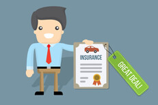 Insurance agent character holding car insurance policy with great deal price tag flat concept