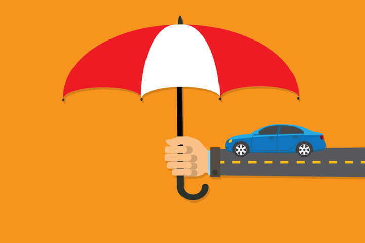 Long arm holding insurance protection umbrella over blue car on street