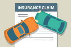 Auto insurance claim form Auto insurance claim form with two cars colliding on top flat concept image