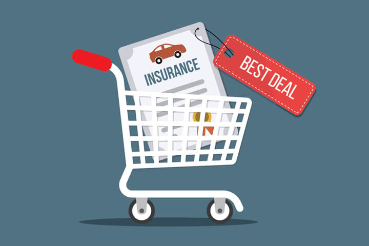 Shopping cart with car insurance policy tagged with best deal concept for finding the best deal on car insurance