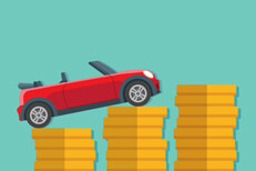 Small red convertible driving up increase stacks of gold coins flat concept image for increasing price of car insurance