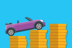 Small purple convertible driving up increase stacks of gold coins flat concept image for increasing price of car insurance with blue background