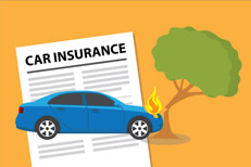 Car on fire crashed into tree Blue sedan on fire crashed into tree with car insurance policy in background