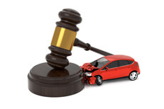 Auto insurance liability isolated on white Car crashed into judge gavel concept for car insurance liability isolated on white background