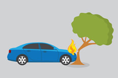 Blue car crashing into tree Blue sedan on fire crashed into cracked tree