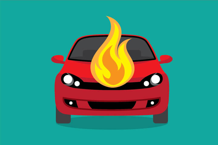 Red car with large flames coming from hood flat concept for car insurance coverage for fire damage