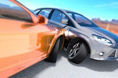 Accident damage from side impact collision Two car collision on road showing wheel damage and body damage