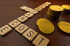 Car insurance cost spelled in wood letters with stacks of gold coins