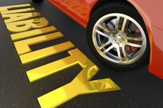 Liability insurance concept image showing shiny gold liability word next to red car