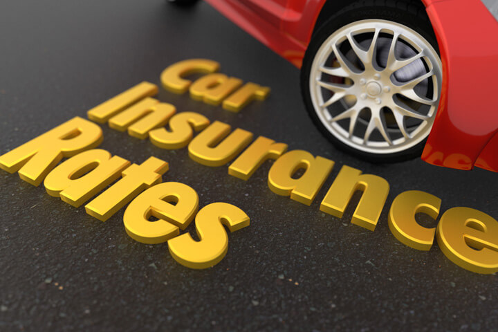 Insurance concept image showing car insurance rates text on blacktop road next to red sports car