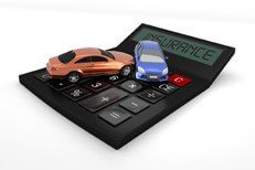 Car accident insurance isolated Two car collision on top of insurance calculator isolated on white background