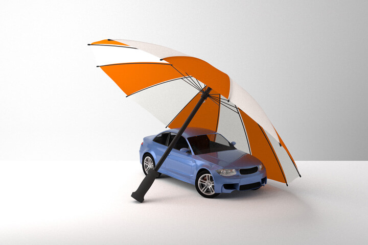 Insurance protection concept with umbrella and sports car with white background studio photo