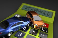 Car accident on green calculator Two cars in accident on bright green calculator displaying insurance on darker background