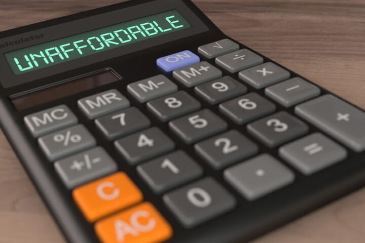 Calculator with LCD showing word Unaffordable to illustrate high price concept