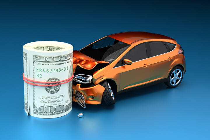 Small car colliding with roll of money representing the increased cost of insurance after an accident