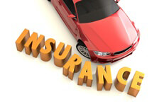 Overhead image of car crashing into insurance letters concept