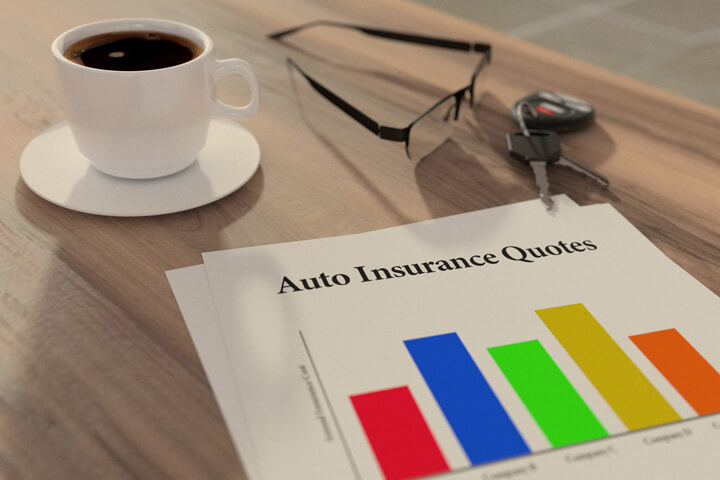 Auto insurance quotes on desk with glasses, coffee cup, and car keys