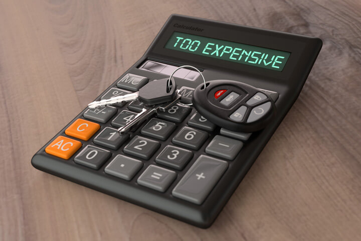 Car keys sitting on top of calculator reading Too Expensive