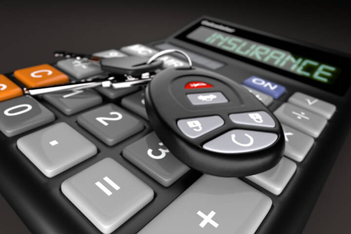 Low point of view car keys on calculator with LCD reading Insurance