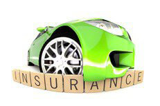 Insurance letters with car bumper Green sports car with bumper hanging over wood insurance letters fish eye view
