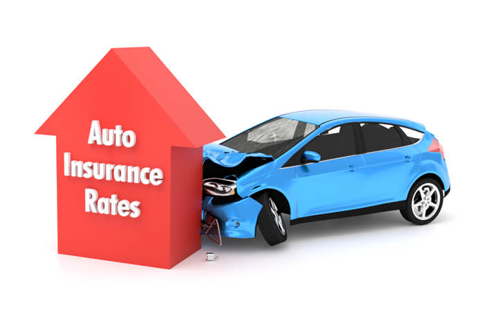 Auto insurance concept of car crashing into up arrow representing higher car insurance rates