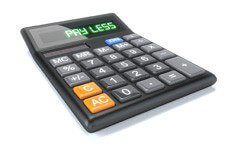 Pay less calculator Calculator isolated on white with LCD text Pay Less