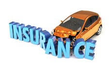 Car insurance concept of car crashing into insurance word isolated on white background