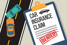 Car insurance accident claim denied Two cars crashed on street with car insurance claim on clipboard with large DENIED stamp