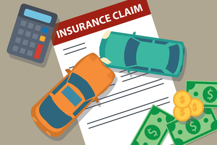 Insurance claim form with two car collision concept with calculator and cash and coins concept for payment of a car insurance claim